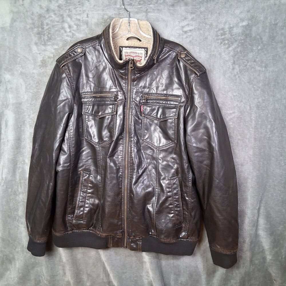 Levis Faux Leather Aviator Bomber Jacket Sherpa Lined Mens 2xl‎ Brown Utility